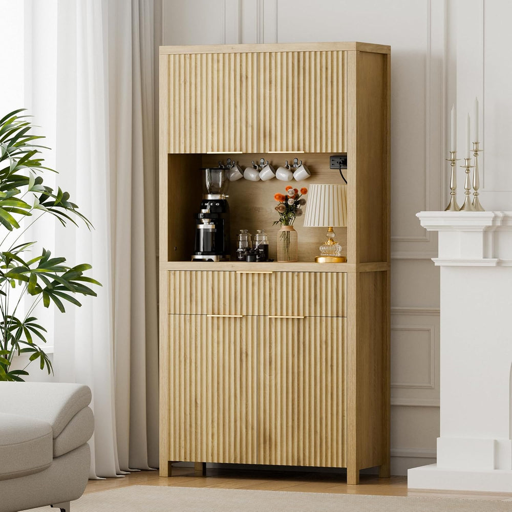 Lulive 71" Fluted Pantry Cabinet with Charging Station, Natrual | Adjust...