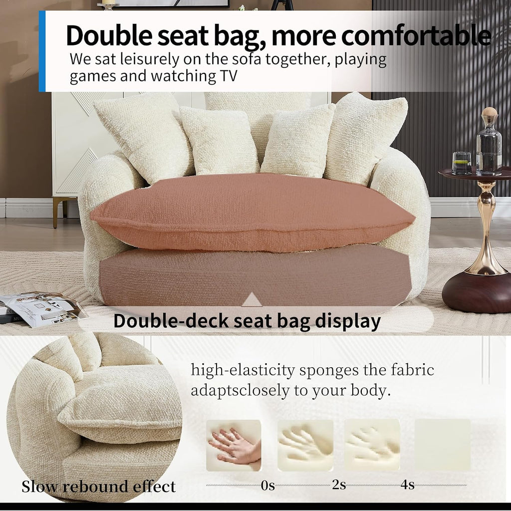 Oversized Fluffy Chenille Lounge Sofa - Extra Deep Seat Cozy Reading Circle Couch for Living Room | Indoor Lounge & Oversized Round Accent Design (Beige)