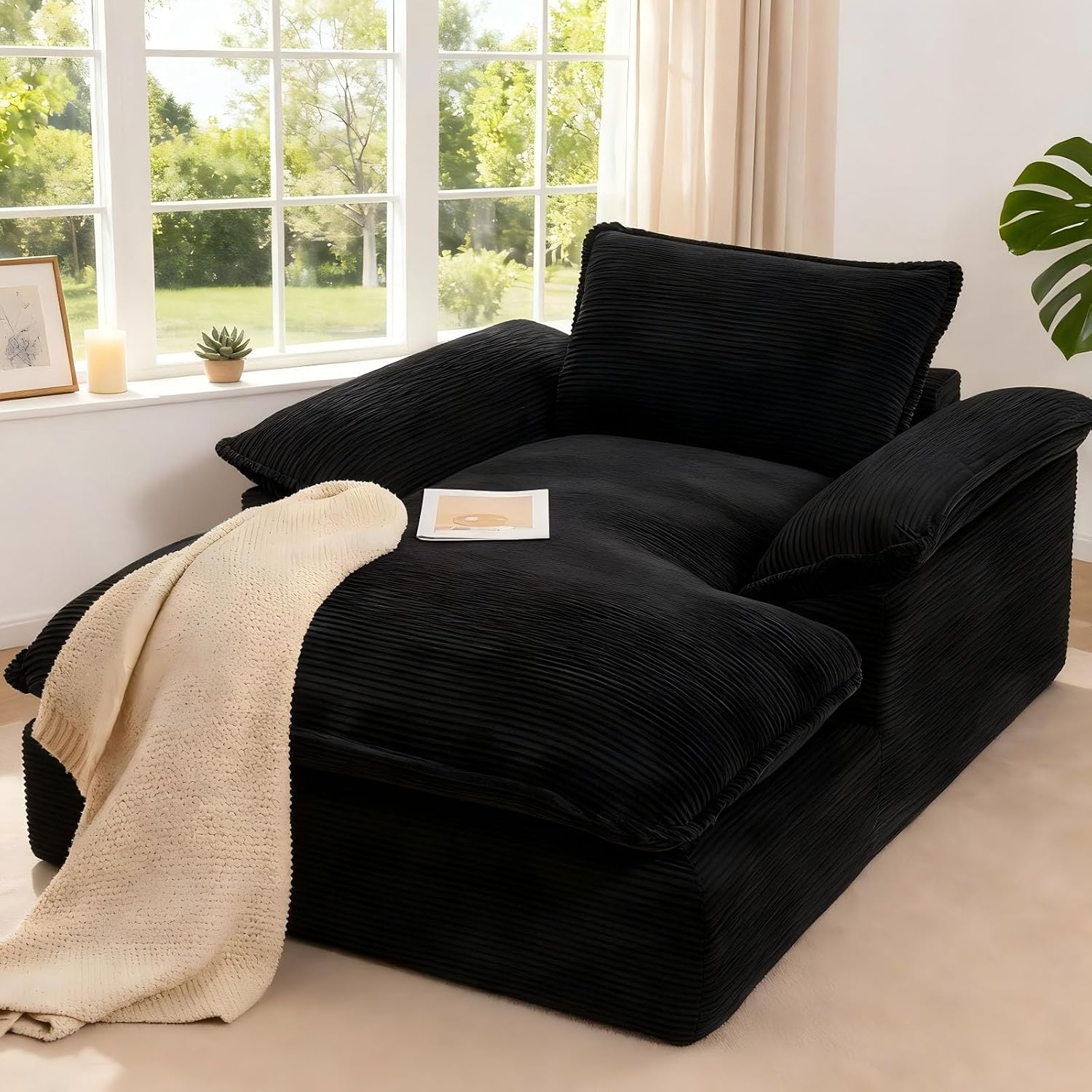 67" Chaise Lounge Chair Indoor, Oversized Boneless Chaise Lounge | Deep Seat Reading Chair | Large Dual-Layer Cushion | Wide Armrests | Corduroy Boneless Couches for Living Room Bedroom, Black