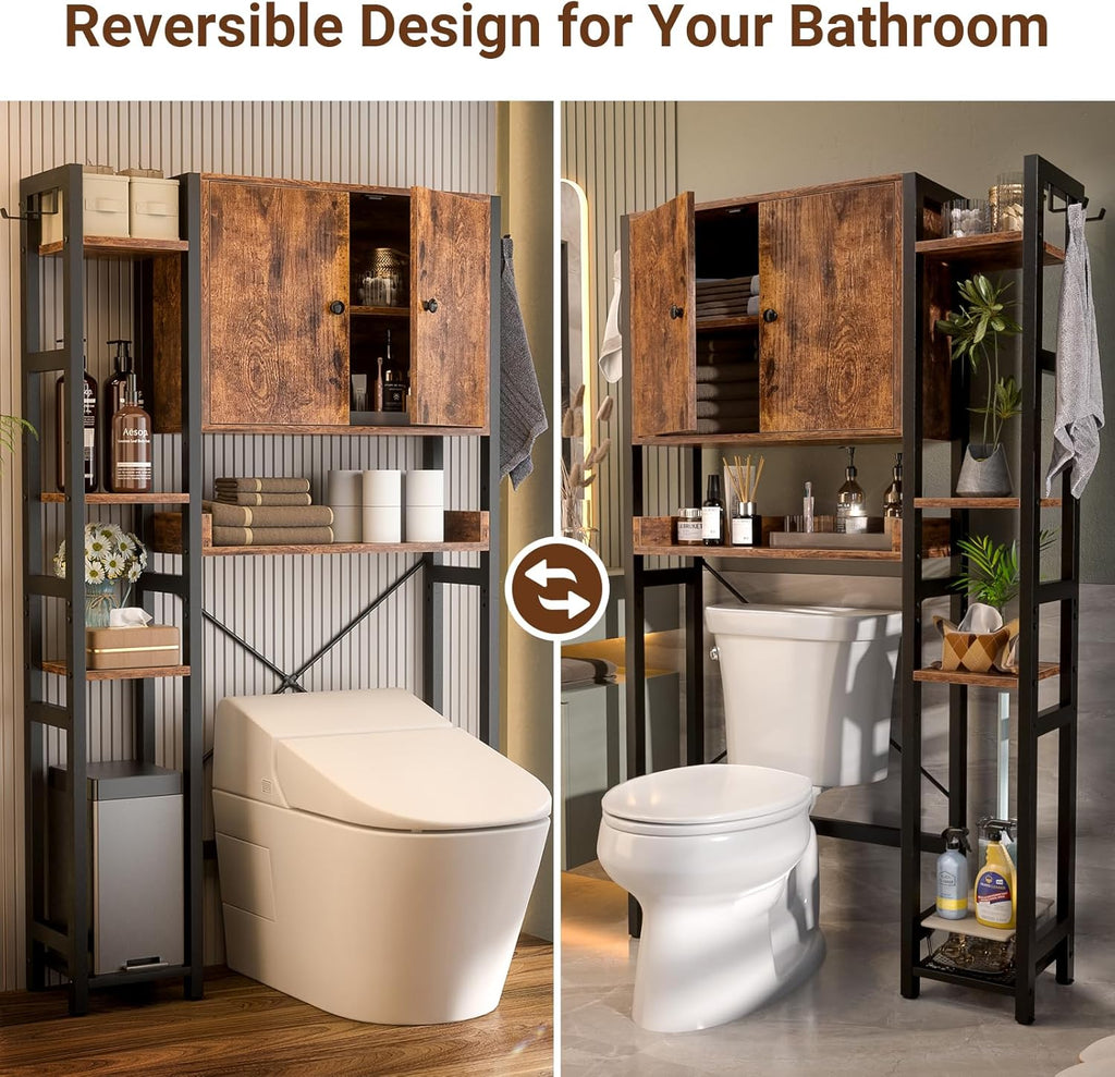Over The Toilet Storage Cabinet with Doors - 7 Tier Bathroom Organizer with Adjustable Shelf, Freestanding Space Saver Rack Above Toilet Stand with 4 Hooks for Bathroom, Restroom, Laundry, Rustic