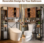 Over The Toilet Storage Cabinet with Doors - 7 Tier Bathroom Organizer with Adjustable Shelf, Freestanding Space Saver Rack Above Toilet Stand with 4 Hooks for Bathroom, Restroom, Laundry, Rustic