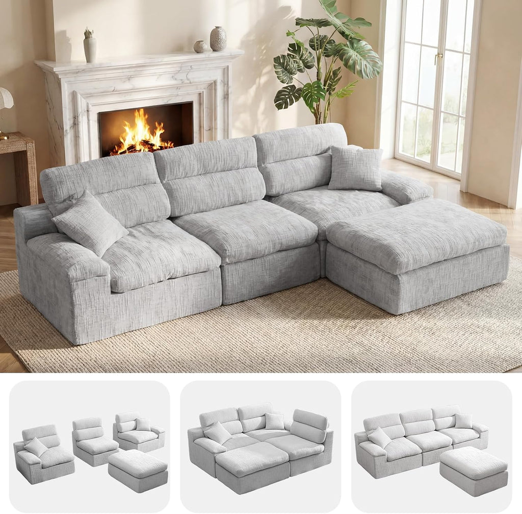 110" High Back Boneless Couch, L-Shaped Modular Sectional Sofa Bed | Sectional Couches for Living Room, Slub Chenille Fabric, No-Assembly, Light Gray
