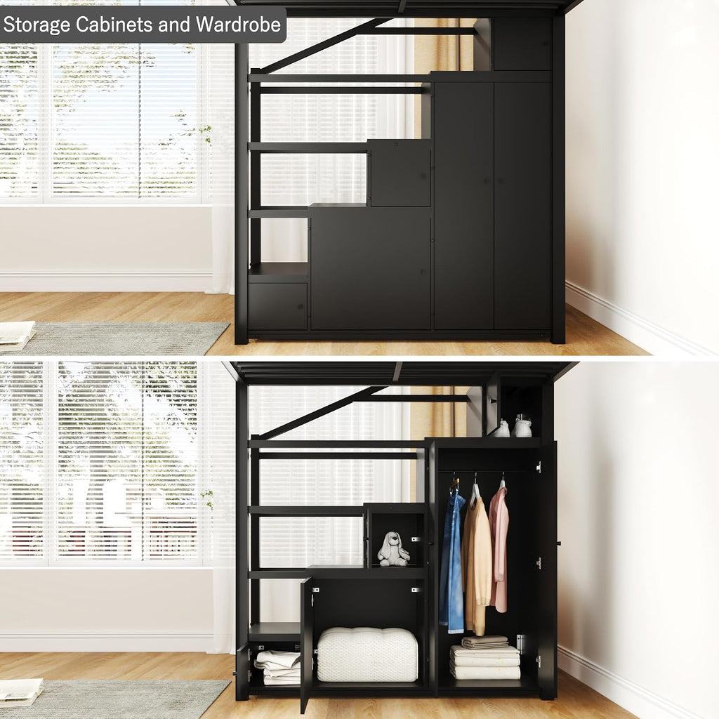 Merax Queen Size Metal Loft Bed with Wardrobe & Storage Staircase, 4-Tier Shelves, Full-Length Guardrails, 400 lbs Capacity, No Box Spring Needed Easy Assembly for Bedroom, Black