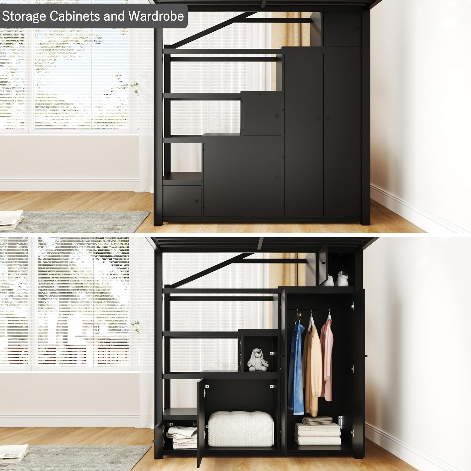 Merax Queen Size Metal Loft Bed with Wardrobe & Storage Staircase, 4-Tier Shelves, Full-Length Guardrails, 400 lbs Capacity, No Box Spring Needed Easy Assembly for Bedroom, Black