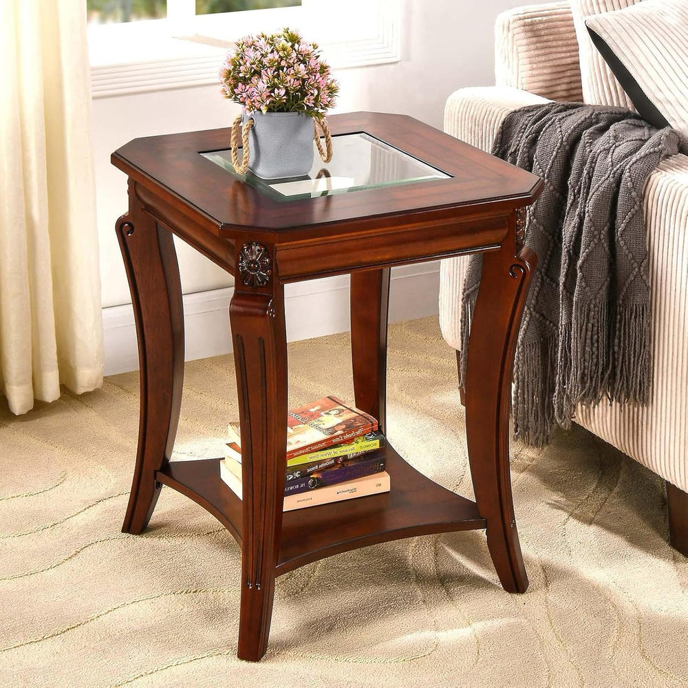 Square High End Side Table with Tempered Glass Top, Farmhouse Sofa Beside Tab...