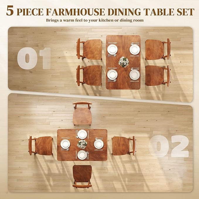 HOMCOM 5-Piece Solid Wood Dining Table Set for 4, Modern Farmhouse Kitchen Table and Chairs for Small Space, Dining Room, Breakfast Nook, Walnut