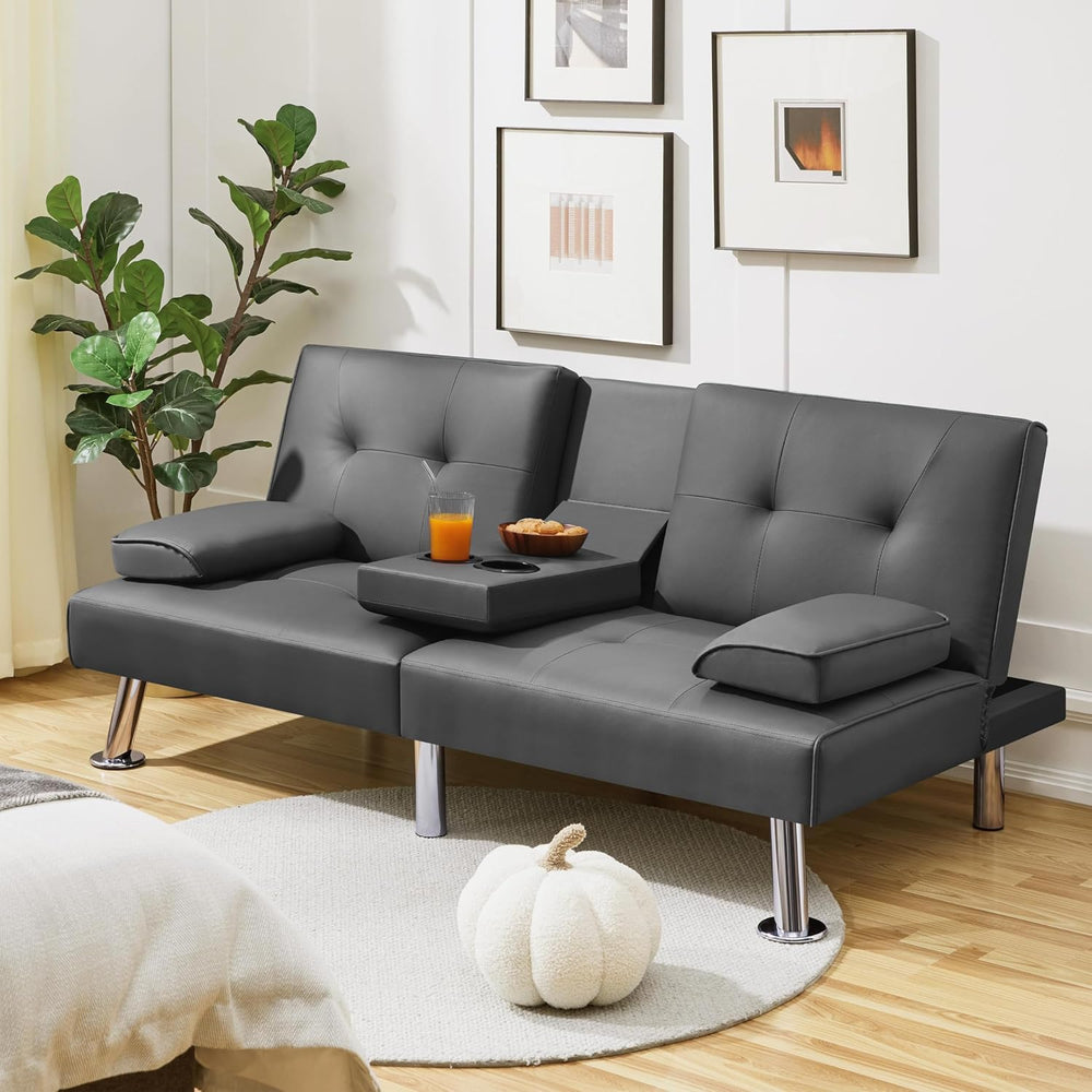 Yaheetech Convertible Futon Sofa Bed Loveseat with Cup Holder, Gray | 3 Angle...