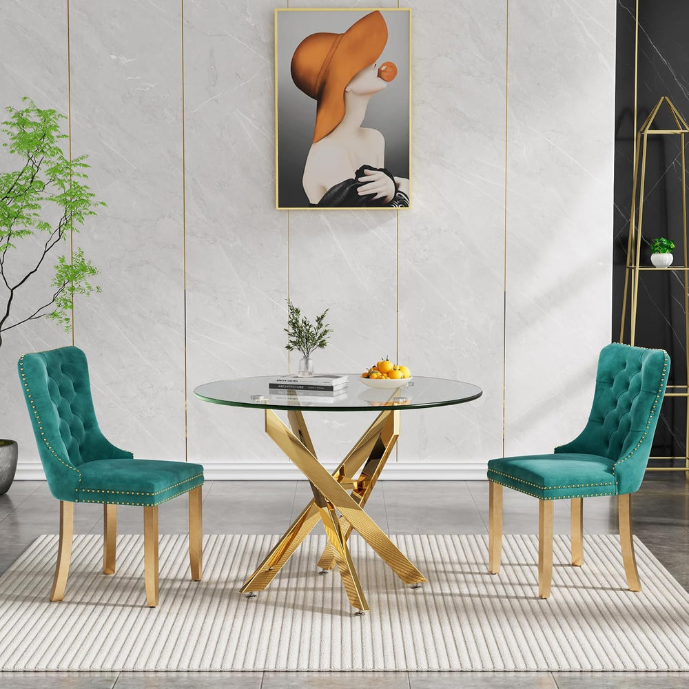 Henf 3 Piece Dining Table Set for 2, Glass Round Dining Table and 2 Upholster...
