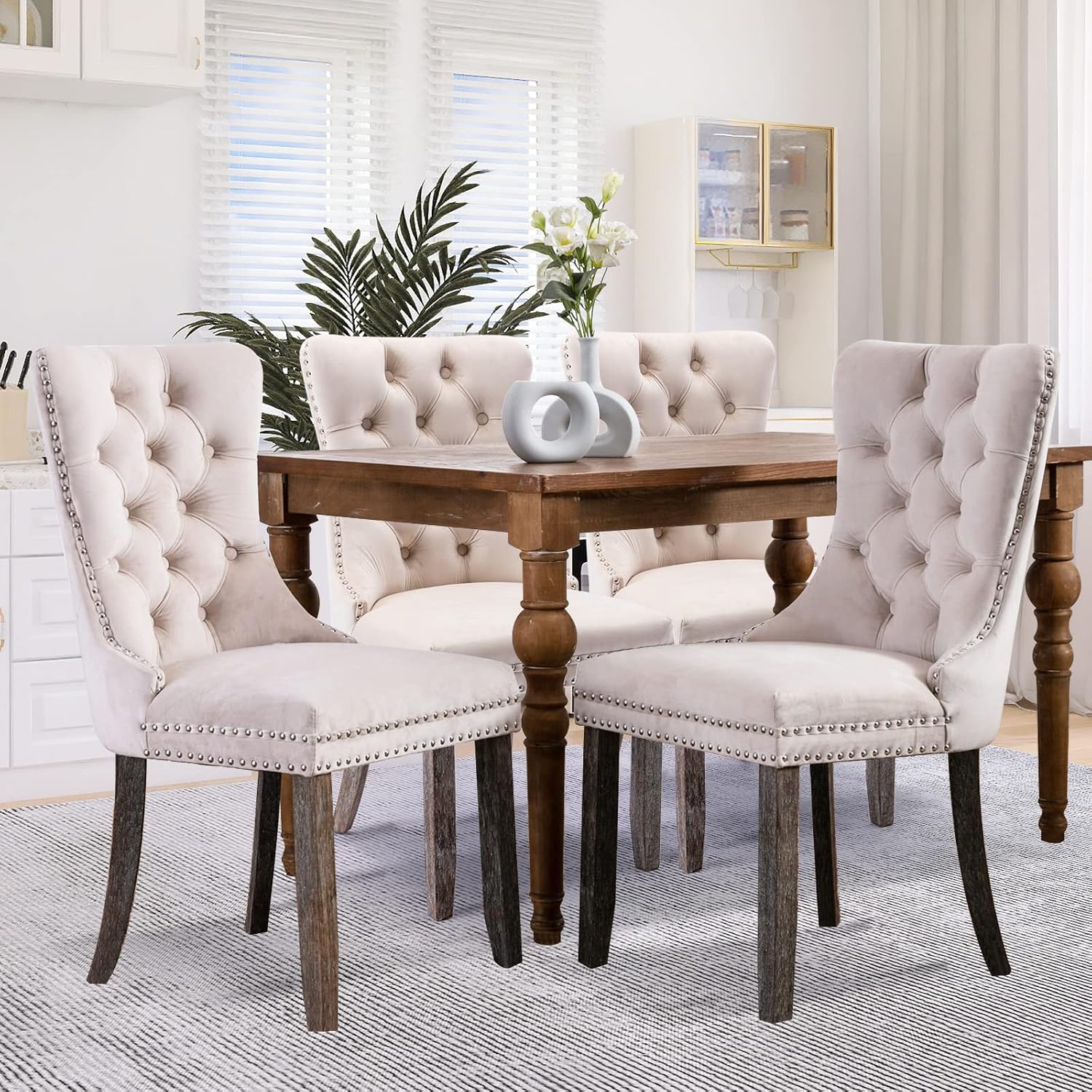 5 Piece Extendable Dining Table Set for 4-8 Person, Wooden Dining Room Table with 4 Chairs for Gatherings, Meeting for Small Kitchens, Dining Office Areas(Beige/Brown)