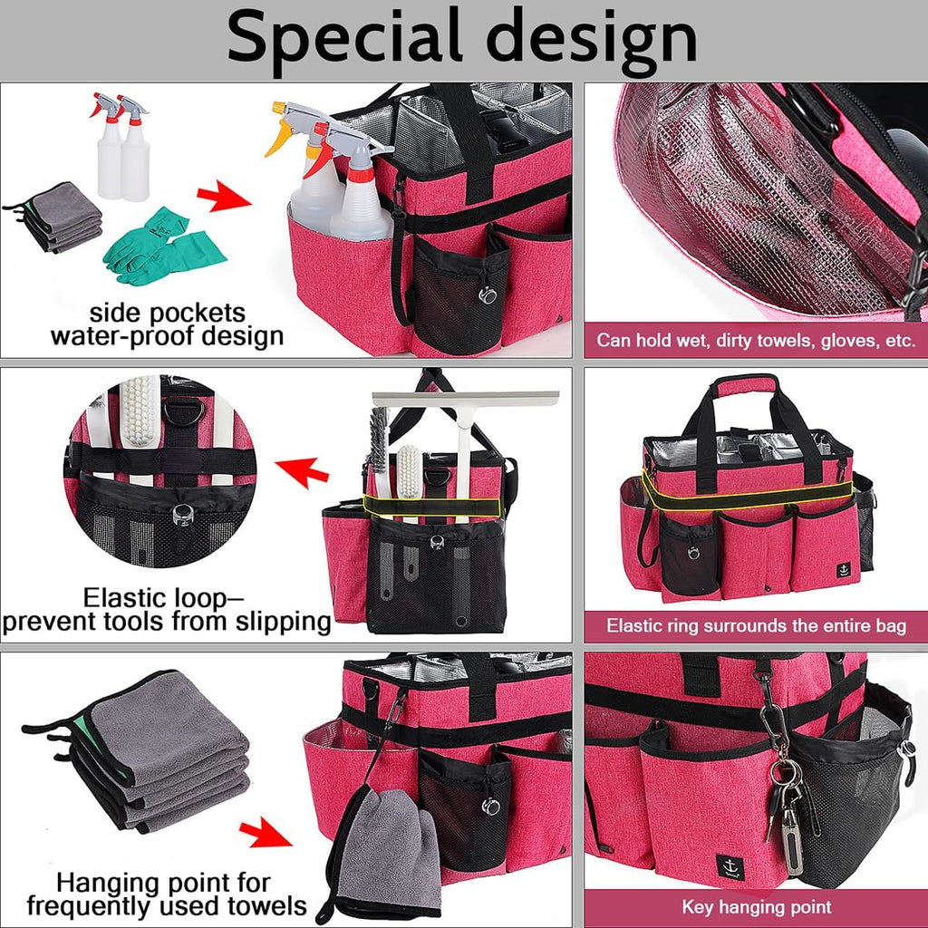 Large Cleaning Caddy Bags Pink with Sturdy Support Board, Cleaning Organizer with Detachable Dividers, Cleaning Supply Tote with Adjustable Shoulder Strap & Waist Belt for Cleaners Housekeepers