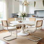 Zesthouse Natural Rattan Dining Chairs Set of 2, White Cesca Chairs with Cane Mesh & Stainless Chrome Base, Mid Century Modern Dining Room Chair, Upholstered Linen Kitchen Chair with Solid Wood Back