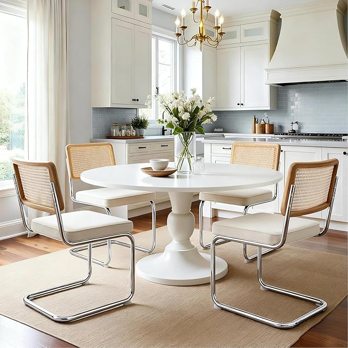 Zesthouse Natural Rattan Dining Chairs Set of 2, White Cesca Chairs with Cane Mesh & Stainless Chrome Base, Mid Century Modern Dining Room Chair, Upholstered Linen Kitchen Chair with Solid Wood Back