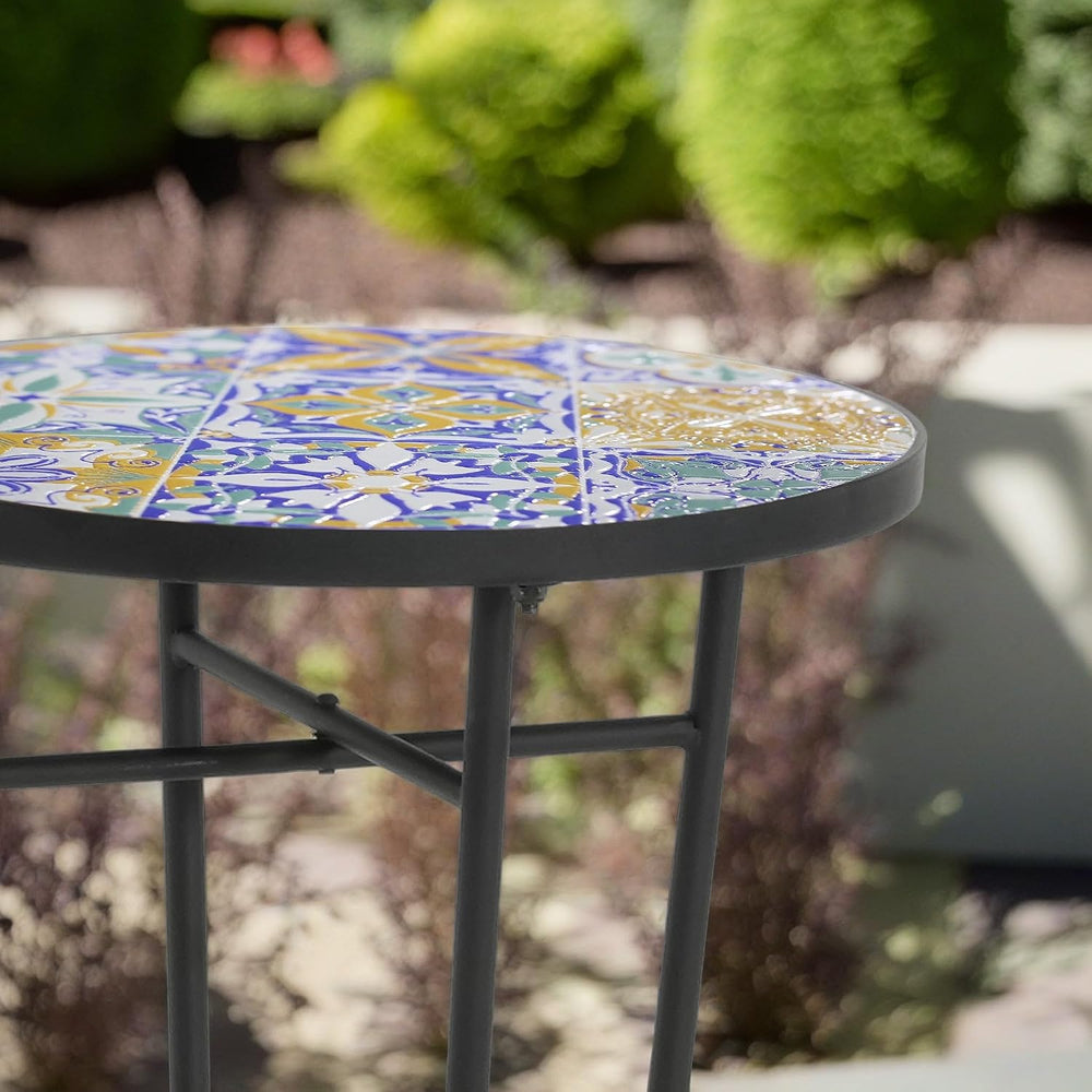 Outdoor Round Side Table,Ceramic Top Patio End Table with Metal Frame,Modern ...
