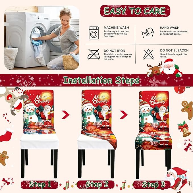 Christmas Chair Covers, Stretch Dining Room Chair Covers Set of 4, Christmas Decoration/Home Decor Chair Protector Slipcovers