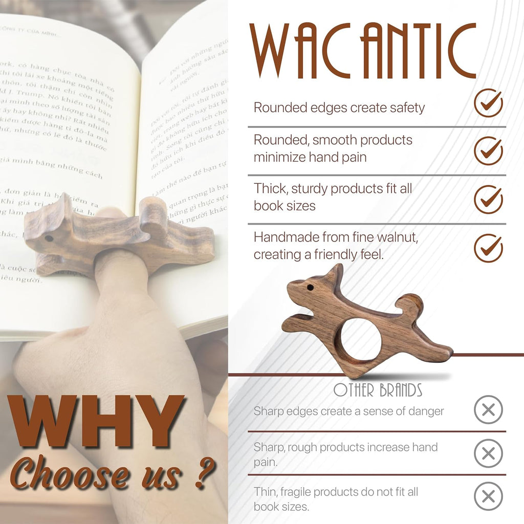 Walnut Dog Book Page Holder - Smooth Finish Wood for Reading, Ideal Reader Gifts for Book Lovers & Literary Women (Large)