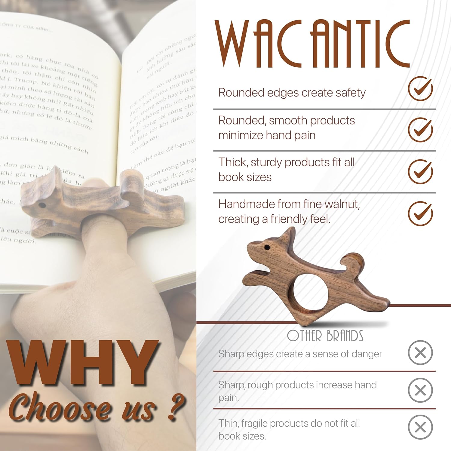 Walnut Dog Book Page Holder, Smooth Finish Wood Book Holder for Reading, Ideal Book Reader Gifts, Book Worm Gifts for Women, Thumb Book Page Holder - for Book Lovers & Literary Gifts (Mini)