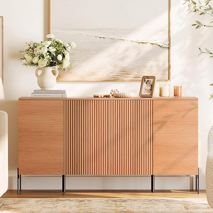 WAMPAT 61.6" TV Stand Cabinets for TVs up to 70 Inches, Entertainment Center with Storage Cabinets and 4 Doors, Mid Century Modern Media TV Console Table for Living Room Bedroom,Mocha