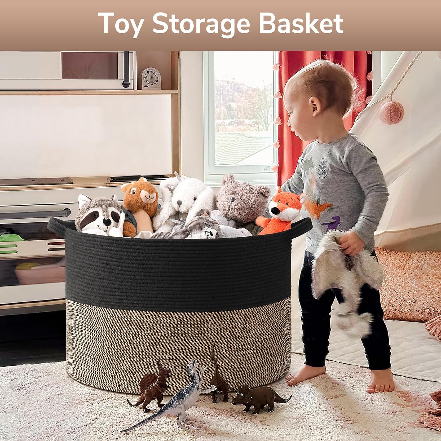 Goodpick 115L Extra Large Blanket Basket, Kids Toy Storage for Nusery Room | 23.5 x 23.5 x 15.8 In Woven Basket for Storage, Kids Toy Storage for Playroom, Laundry Basket for Towels, Black & Mix Jute