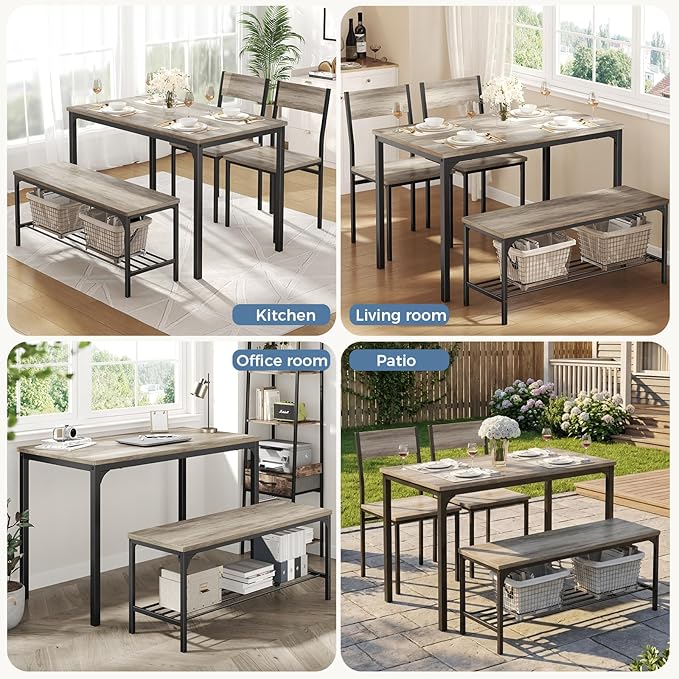 DUMOS Dining Table Set, Dining Table for 4 with Bench, Kitchen Table, Space-Saving Ideal 4-Person Set for Dining Room Kitchen Apartment Corner Grey 4 Pack