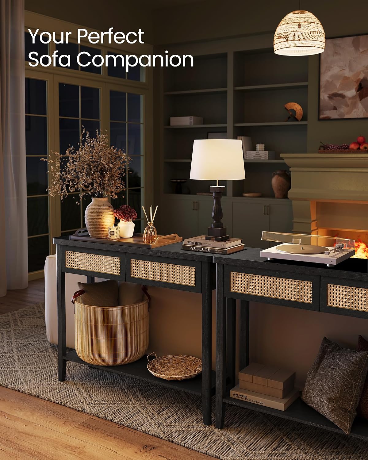 VASAGLE Console Sofa Table, Narrow Entryway Table, 2 Drawers, Open Storage Shelf, Rounded Corners, for Living Room, Boho Style, Ash Black ULNT016BF01S