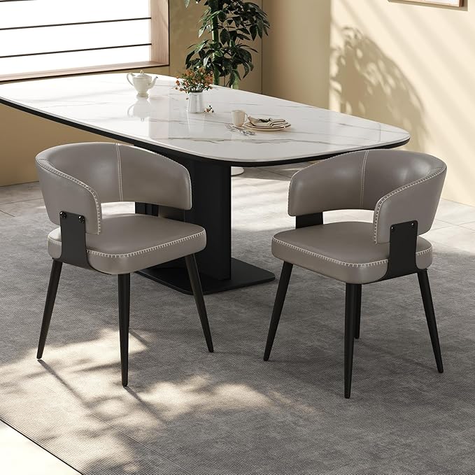 Modern Dining Chairs Set of 2, Upholstered Faux Leather Kitchen Side Chairs with Curved Open Back, Elegant Decorative Stitching, Easy Assembly for Dining Room, Restaurant, Cafe, Matte Gray