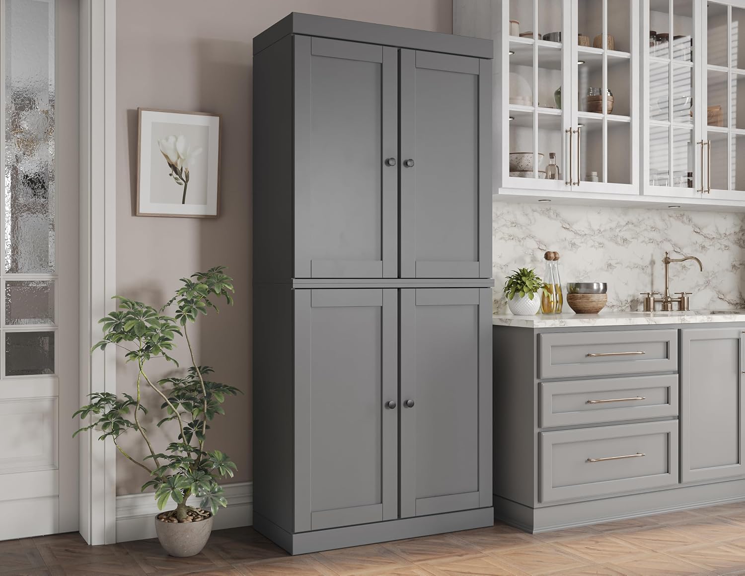 Palace Imports Solid Wood Kitchen Pantry Cabinet - 71.5" H x 32" W - Wooden Storage Cabinet w/ 4 Shaker Doors, 2 Drawers & 4 Adjustable Shelves, Gray, 100% Renewable Eco-Friendly Wood, Made in Brazil