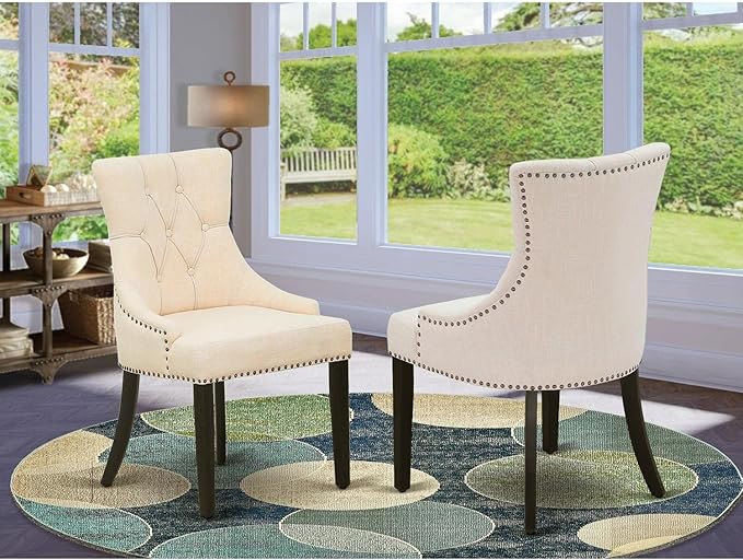 East West Furniture FRP1T02 Friona Parson Dining Room Chairs - Button Tufted Nailhead Trim Light Beige Linen Fabric Padded Chairs, Set of 2, Black