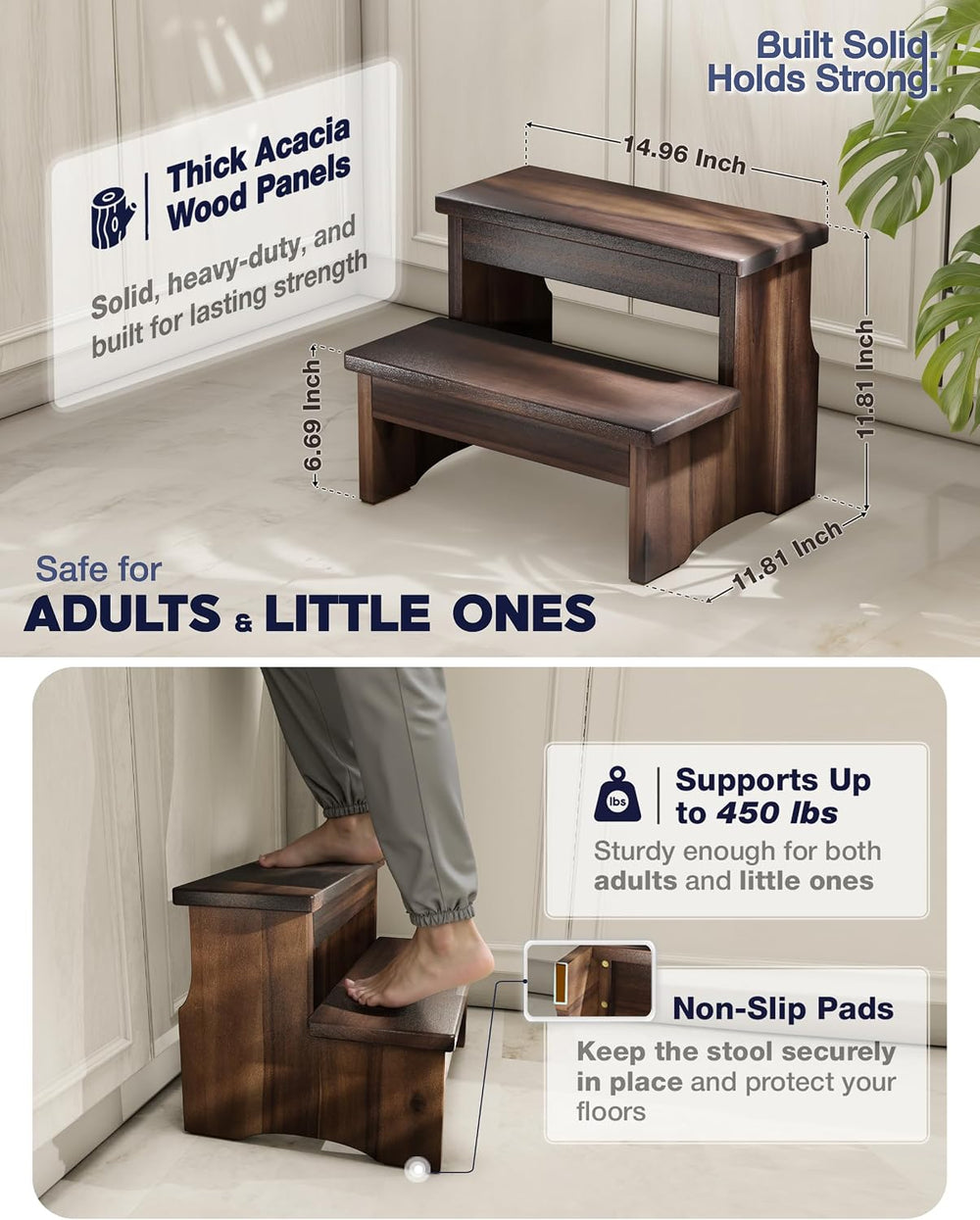 FANATU Wooden Two Step Stool for Adults, Heavy Duty Acacia Wood Bed Step | Co...