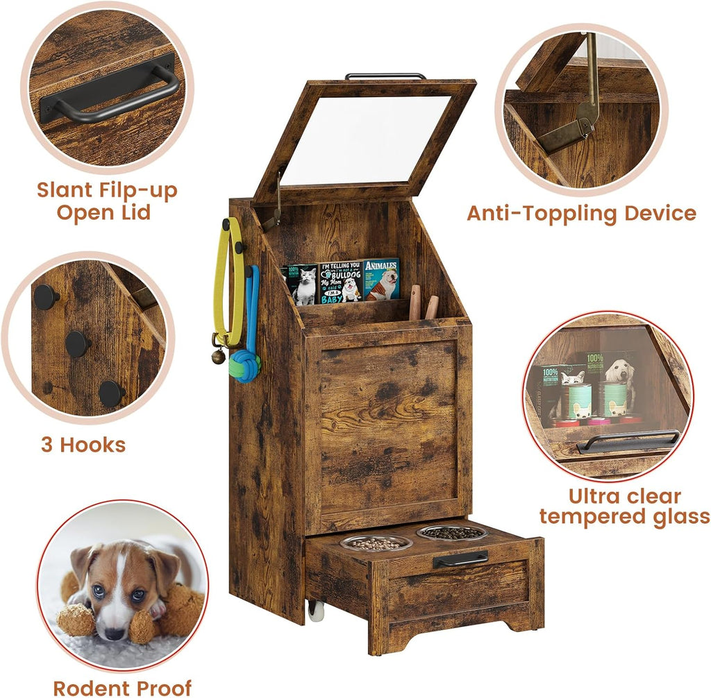 Dog Feeding Station with 2 Elevated Bowls, Pet Feeding Station,Flip Top Dog Food Storage Cabinet, Food Storage Container,Pet Toy Organizer,Modern Organizer,Brown