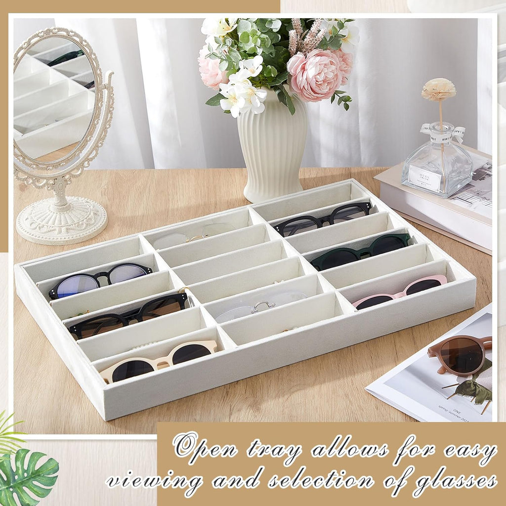 Amylove 2 Pcs Sunglass Organizer Trays Glasses Stackable Jewelry Trays Sunglass Organizer Display Box(18 Grids,Beige)