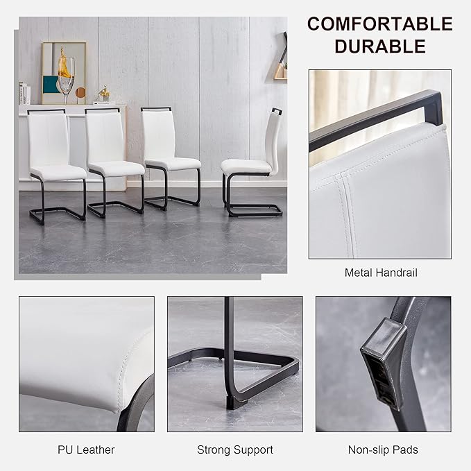 AZmac Modern Leather Dining Chairs Set of 4,Armless Kitchen Chairs,Dining Room Chair with Upholstered Padded Seat and Sturdy Chrome Legs for Dining Room,Kitchen (Set of 4, White-Black Leg)