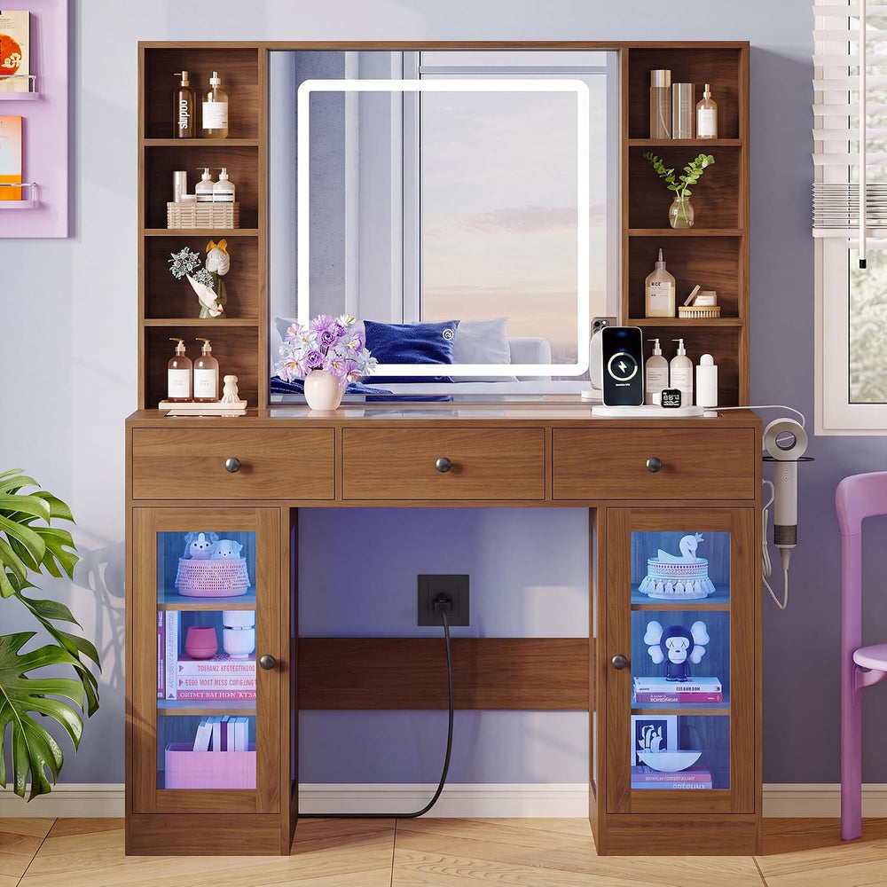 Xixini 43.4" Makeup Vanity Desk with LED Mirror, RGB Glass Cabinets, Wal...