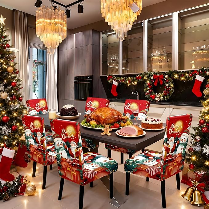 Christmas Chair Covers, Stretch Dining Room Chair Covers Set of 8, Christmas Decoration/Home Decor Chair Protector Slipcovers