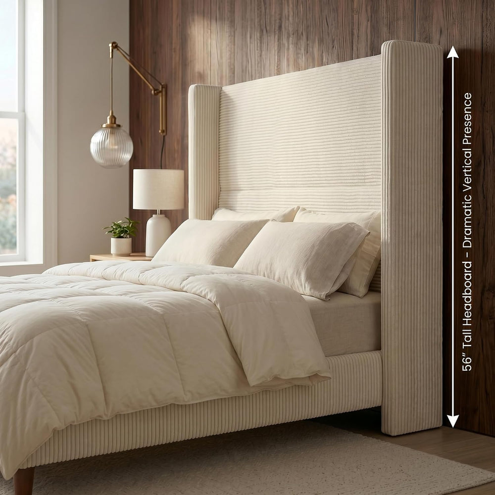 WEUP Queen Size Bed Frame with 56 Inch Corduroy Wingback Headboard, Cream