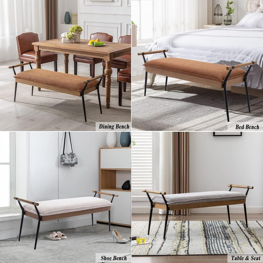 DUOMAY Modern Rectangle Ottoman Bench with Arms and Metal Legs, Mid Century Chenille Fabric Dining Table Bench Footstool Entryway Shoe Bench for Dining Room Bedroom Living Room, Grey