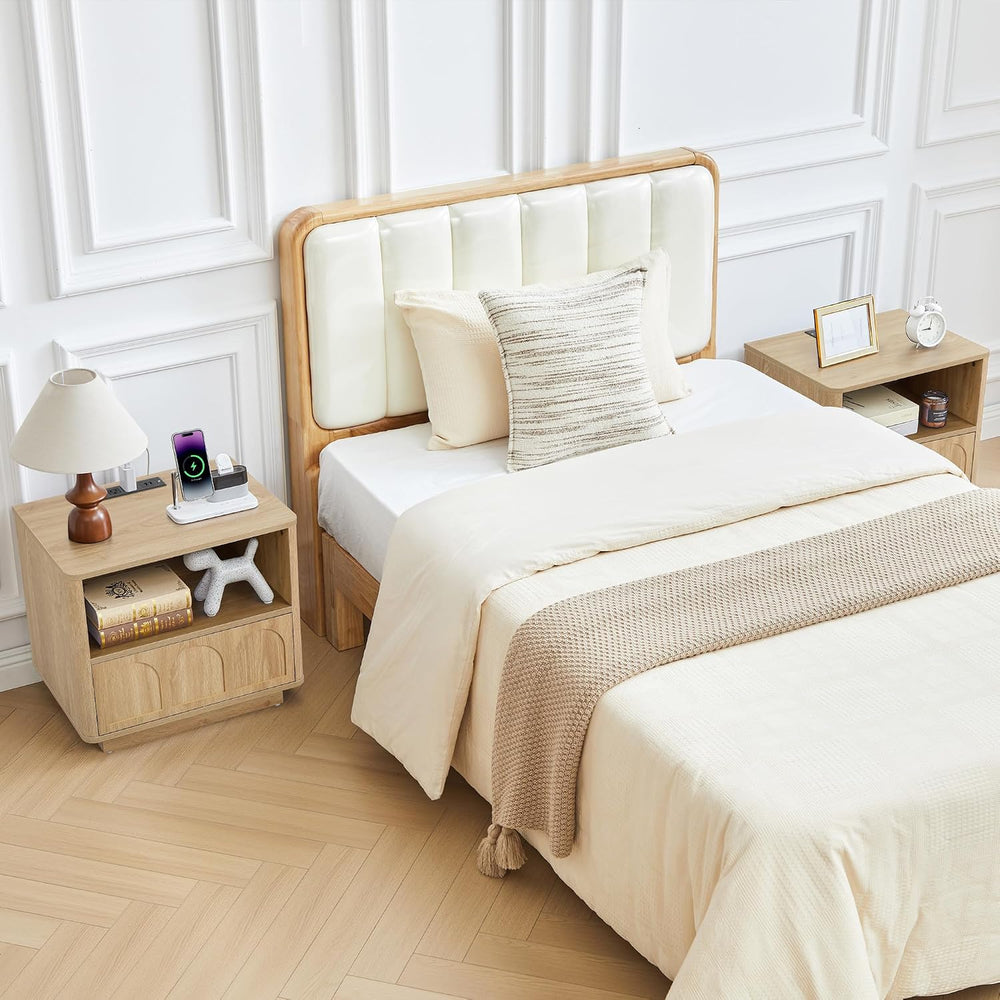 Small Nightstand Set of 2 with Charging Station, Accent Bedside Nightstand wi...