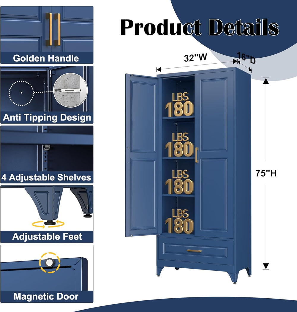 SteeLoong 75" Kitchen Pantry Cabinet with Drawer, Metal Storage Cabinets...