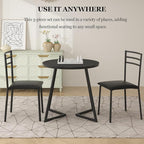 VECELO Small Round Kitchen Table with 2 Upholstered Chairs, 3-Piece Wood Dinette Sets with Steel Frame for Breakfast Nook, Dining Room, and Small Space, Wood-Grain Black
