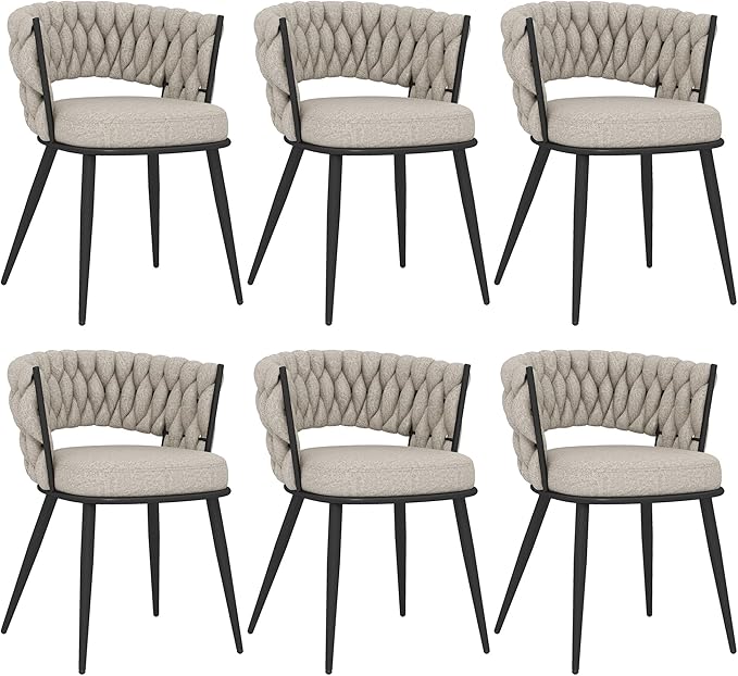 KCC Fabric Dining Chairs Set of 6, Modern Dining Chair with Metal Legs, Woven Upholstered Dining Chairs for Dining Room, Kitchen, Vanity, Living Room (Beige)