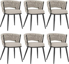 KCC Fabric Dining Chairs Set of 6, Modern Dining Chair with Metal Legs, Woven Upholstered Dining Chairs for Dining Room, Kitchen, Vanity, Living Room (Beige)
