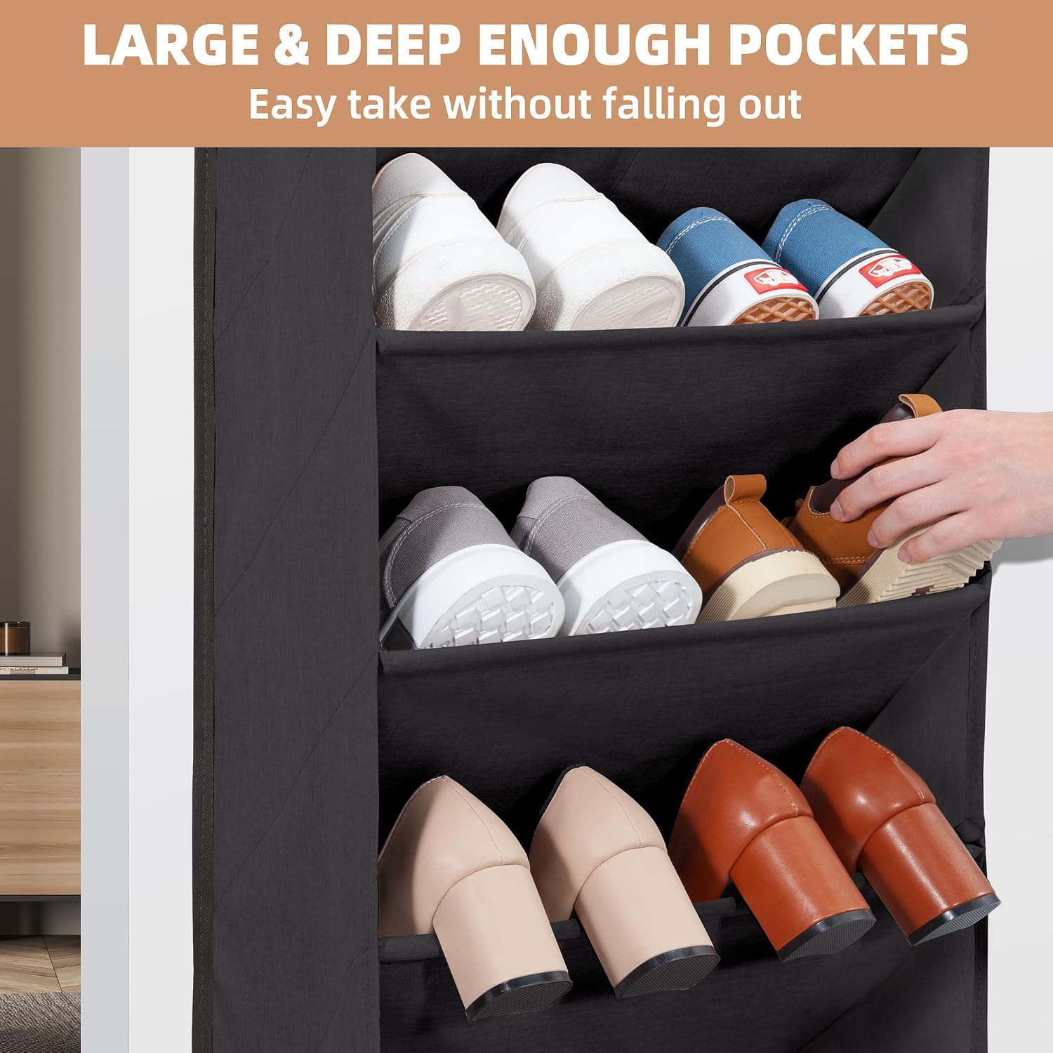 STORAGE MANIAC Over the Door Shoe Organizer Heavy-Duty Large Deep Pocket Hanging Shoe Organizer Shoe Rack Door Closet Shoe Organizer for Wall, Dorm & Narrow Door Storage Shoe Holder Black, 1 Pack