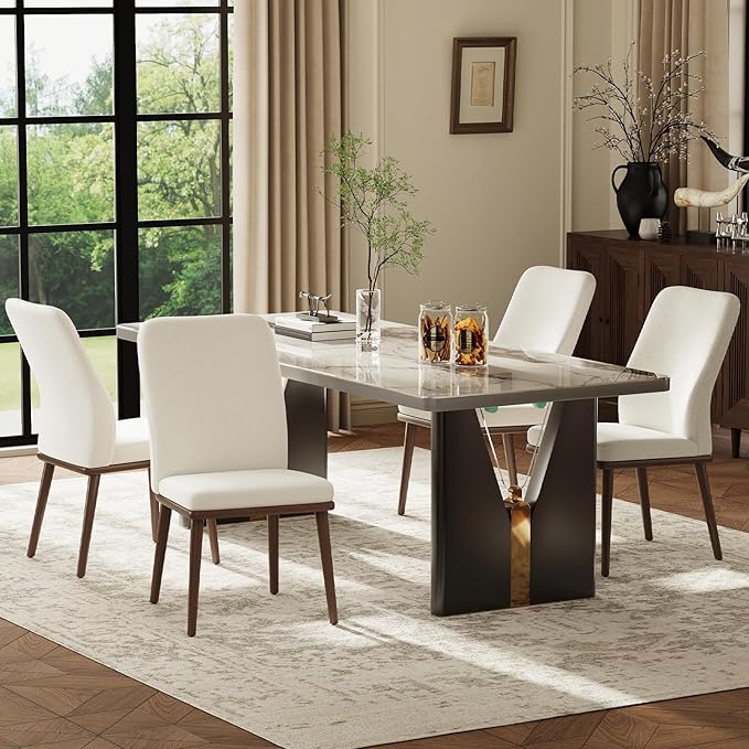 Stylish Dining Chairs Set of 4, Upholstered Parsons Dining Room Chair with Nailhead Trim, Kitchen Room Chair with Thick Cushions and Wood Legs, Modern Contemporary, Beige