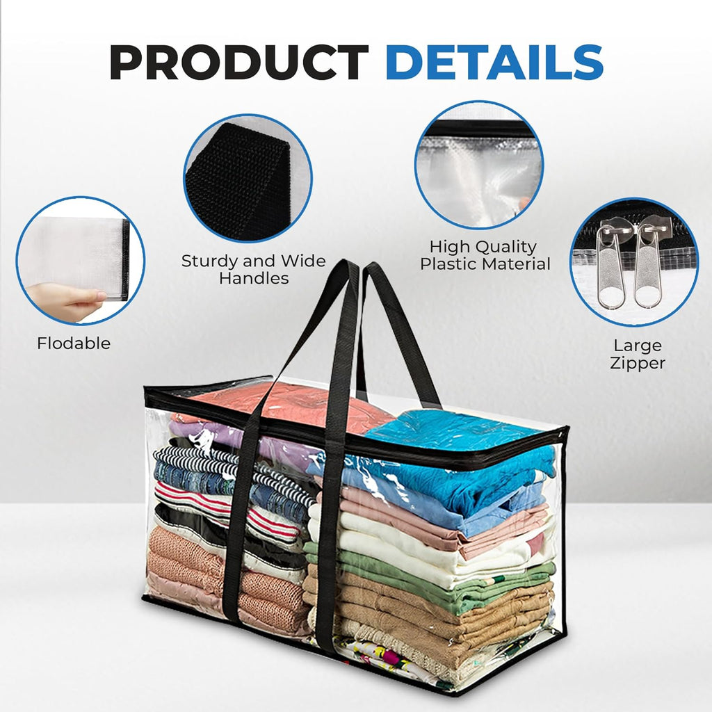 4 Pack Clear Large Moving Bags, Heavy Duty Storage Bags, College Totes, Storage Bins, for Organizing Blankets, Clothing for College, Dorm, Packing, Durable with Zipper and Handle 25x14x12