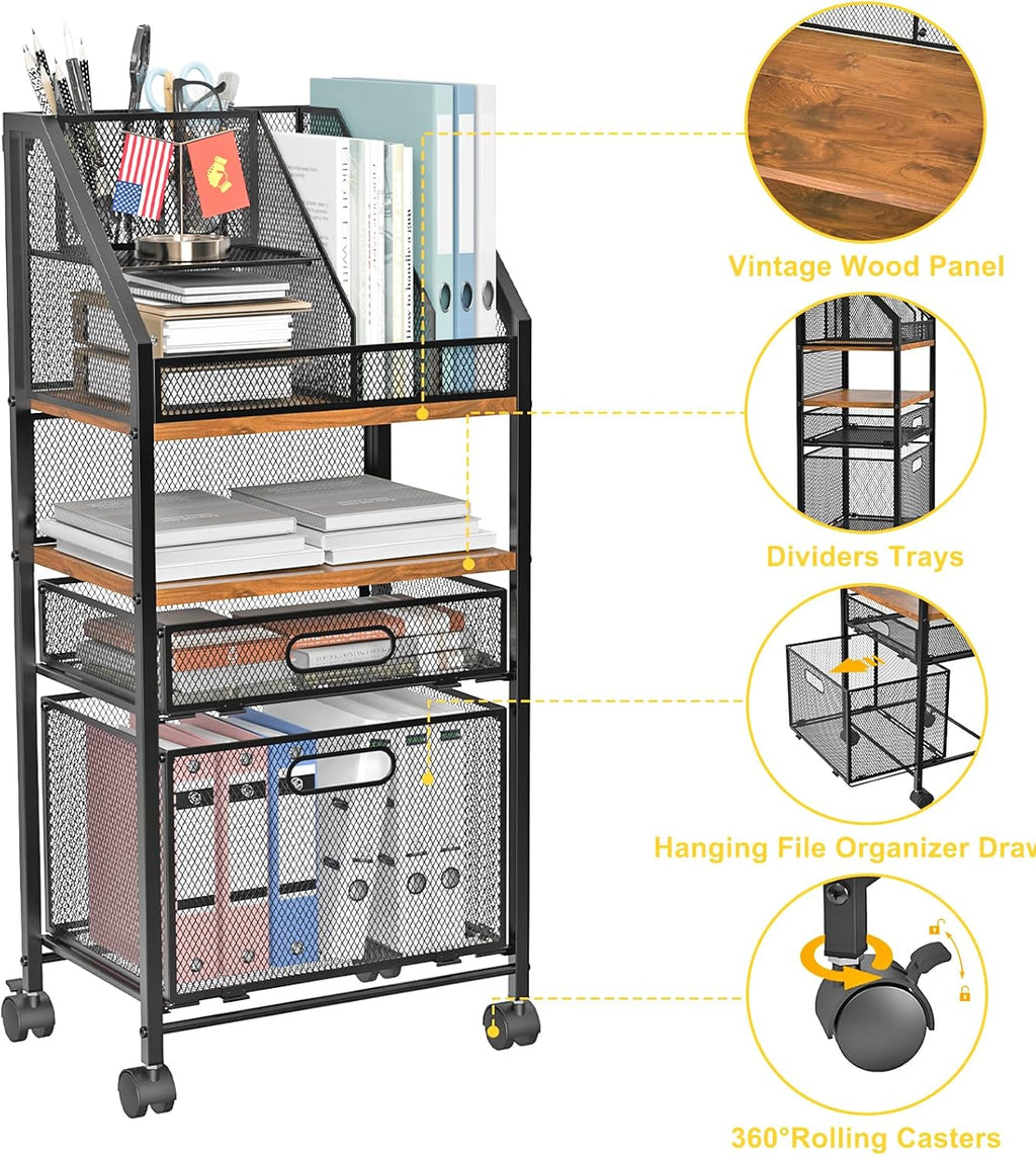 Rolling File Cart with 2 Storage Drawers Multipurpose Book Letter Organizer Carts with Lockable Wheels Wood&Mesh Rolling File Organizer Space-Saving Cart for Office Supplies