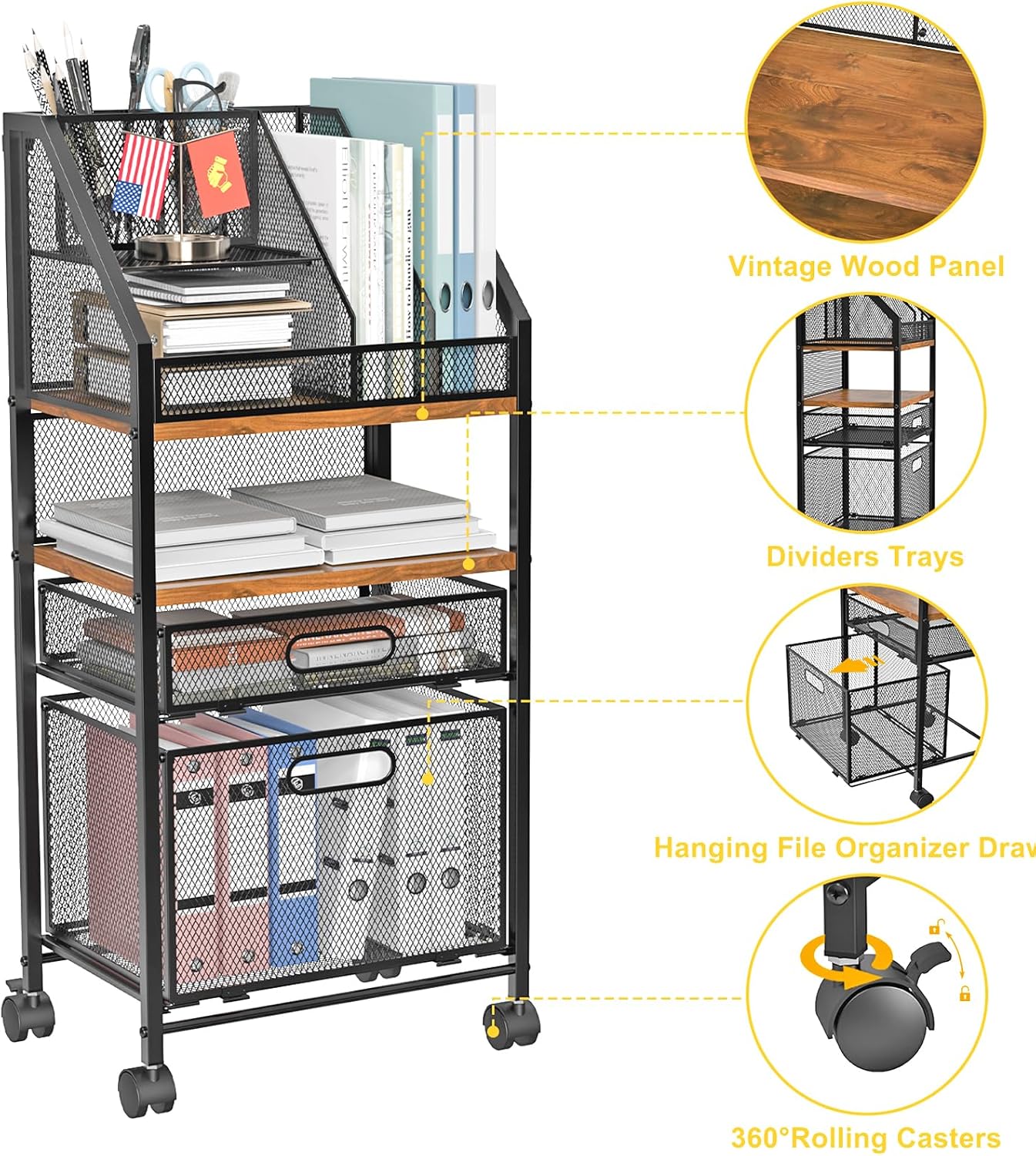 Rolling File Cart with 2 Storage Drawers Multipurpose Book Letter Organizer Carts with Lockable Wheels Wood&Mesh Rolling File Organizer Space-Saving Cart for Office Supplies