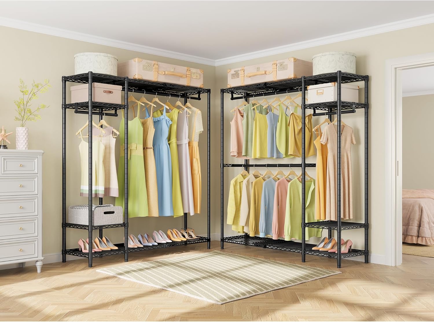VIPEK X20 Expandable Metal Clothing Rack Adjustable from 3'3" to 4'8" Heavy Duty Garment Racks with Adjustable Shelves and Hanger Rods Portable Wardrobe Open Closet Rack System, Black