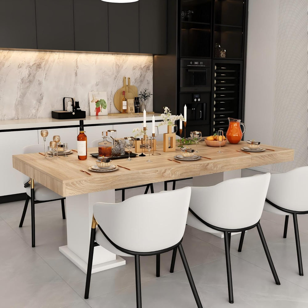 Modern Dining Table for 6-8 People, 78.7" Wood Kitchen Table with Stylis...