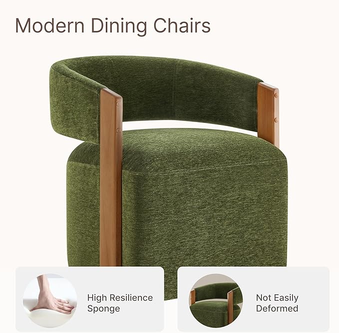 Upholstered Dining Chair Set of 1, Barrel Modern Dining Room Chair with Casters, Kitchen Side Wooden Armchair with Fabric Cushion Seat for Bedroom, Livingroom, Reading Room, Green, 1 Box