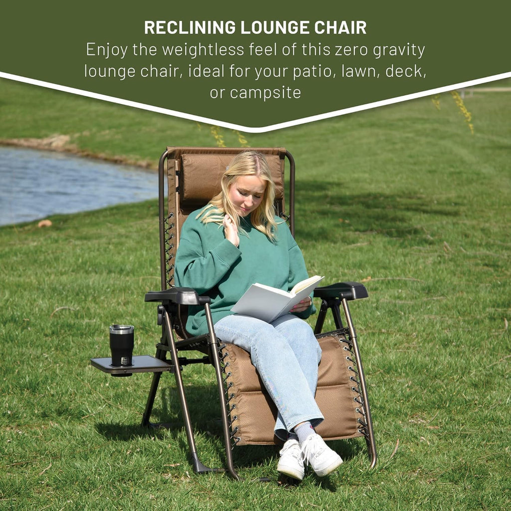 Timber Ridge Aluminum Zero Gravity Chair Set of 2, 350 lb Capacity Each | Padded Foldable Lounger with Side Table and Sliding Headrest; Reclines from 0° to 170° for Camping, Lawn, Patio or Indoor Use