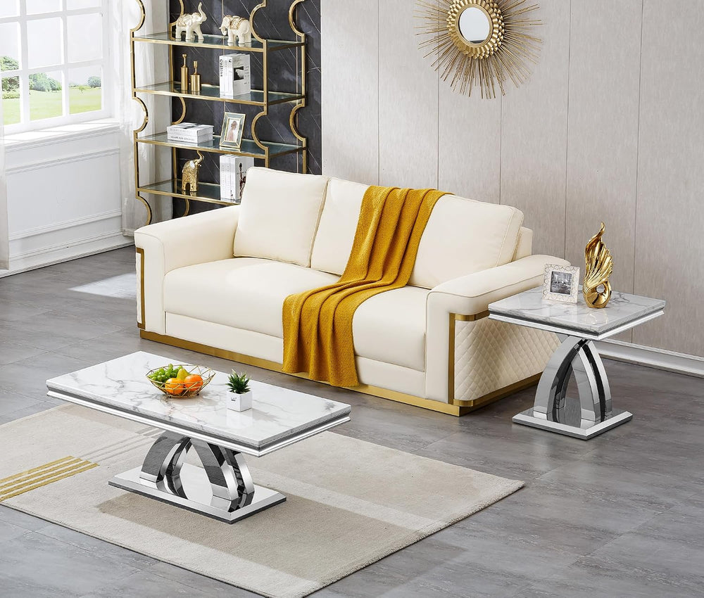 Henf 3-Piece Living Room Table Set for Home Office, Faux Marble White Coffee ...